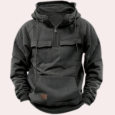 Winter-Kapuzenpullover – Warmer Herren-Kapuzenpullover mit halbem Reißverschluss und Cargo-Print