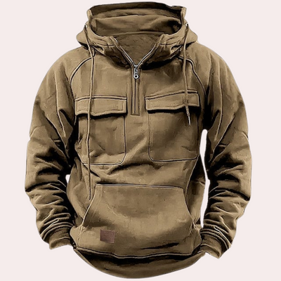 Winter-Kapuzenpullover – Warmer Herren-Kapuzenpullover mit halbem Reißverschluss und Cargo-Print