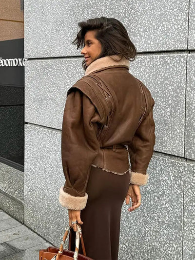 Winter-Lederjacke – Braun – Gürtel – Pelzgefütterte Lederjacke – Damen-Lederjacke