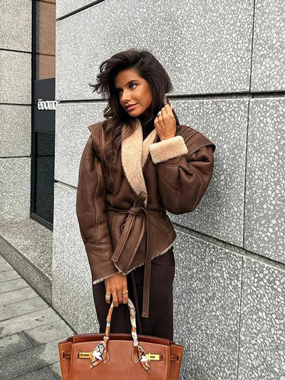 Winter-Lederjacke – Braun – Gürtel – Pelzgefütterte Lederjacke – Damen-Lederjacke