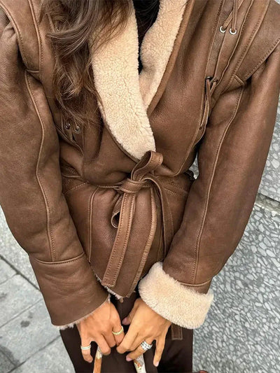Winter-Lederjacke – Braun – Gürtel – Pelzgefütterte Lederjacke – Damen-Lederjacke