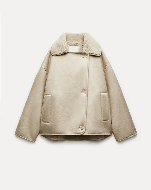 Winter-Lederjacke | Teddyfutter | Oversize-Schnitt | Fleece-Lederjacke | Damen-Lederjacke