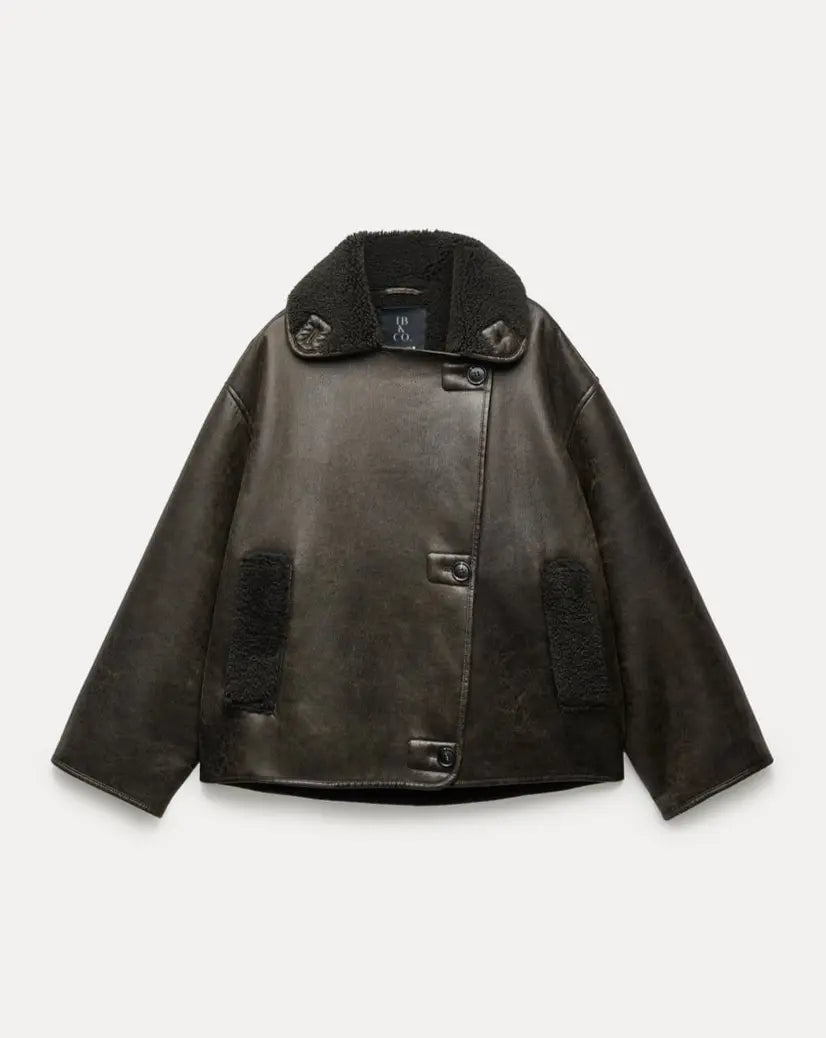 Winter-Lederjacke | Teddyfutter | Oversize-Schnitt | Fleece-Lederjacke | Damen-Lederjacke
