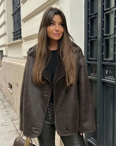 Winter-Lederjacke | Teddyfutter | Oversize-Schnitt | Fleece-Lederjacke | Damen-Lederjacke