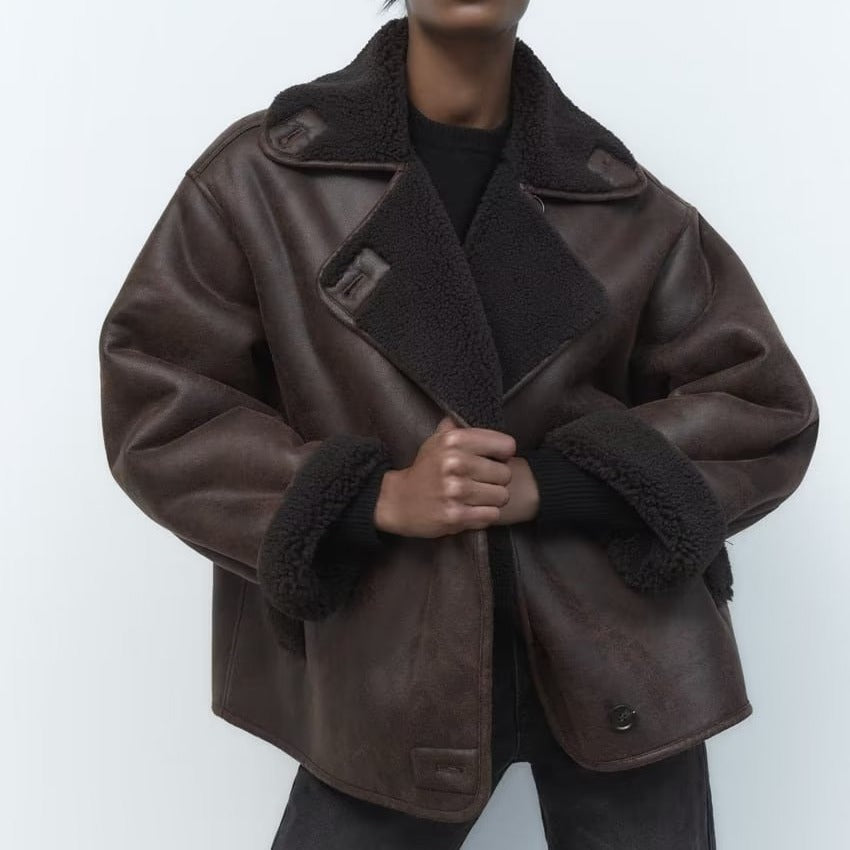Winter-Lederjacke | Teddyfutter | Oversize-Schnitt | Fleece-Lederjacke | Damen-Lederjacke