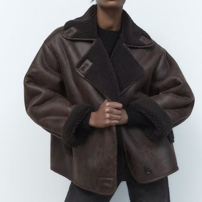 Winter-Lederjacke | Teddyfutter | Oversize-Schnitt | Fleece-Lederjacke | Damen-Lederjacke