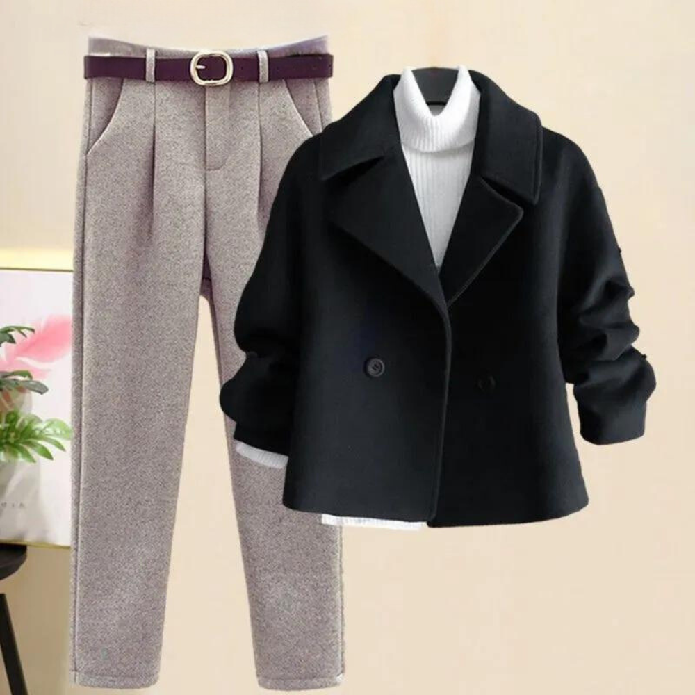Winter-Outfit – dreiteilig – Rollkragenpullover – Wolljacke – Damenbekleidung