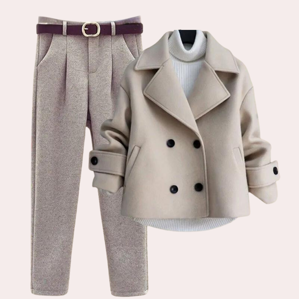 Winter-Outfit – dreiteilig – Rollkragenpullover – Wolljacke – Damenbekleidung