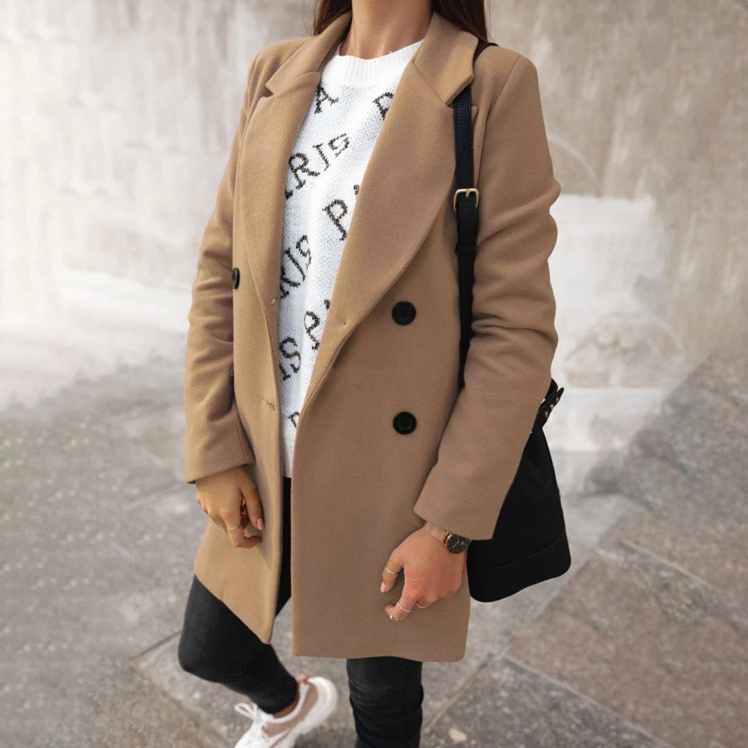 Winter-Trenchcoat – langer, zweireihiger Wollmantel für Damen