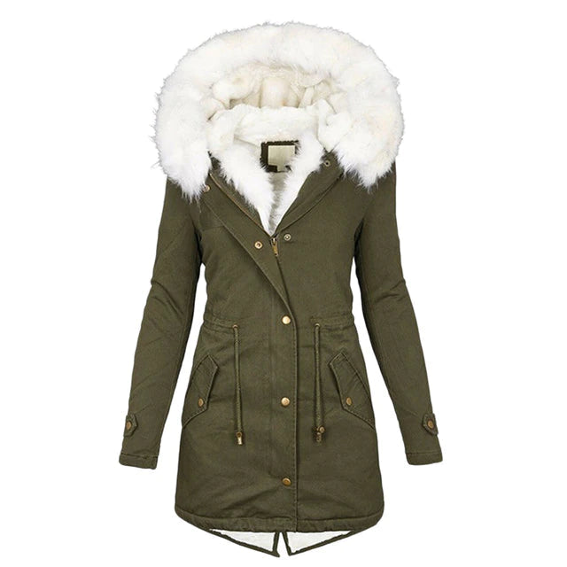 Winterjacke – Warme Winterparka-Jacke mit Kapuze und Pelzbesatz für Damen
