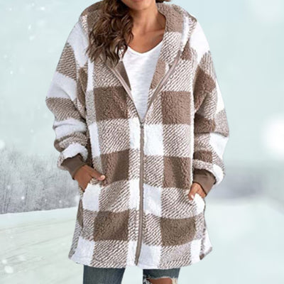 Winterjacke – karierte Fleecejacke mit Reißverschluss und Kapuze in mittlerer Länge für Damen
