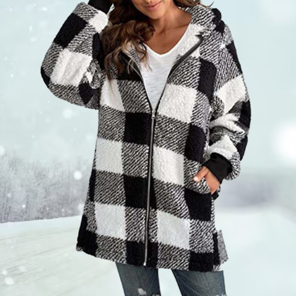 Winterjacke – karierte Fleecejacke mit Reißverschluss und Kapuze in mittlerer Länge für Damen