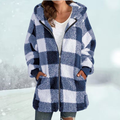 Winterjacke – karierte Fleecejacke mit Reißverschluss und Kapuze in mittlerer Länge für Damen