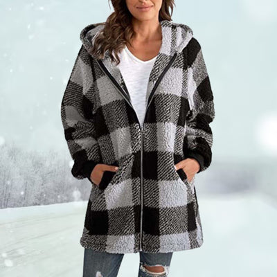 Winterjacke – karierte Fleecejacke mit Reißverschluss und Kapuze in mittlerer Länge für Damen