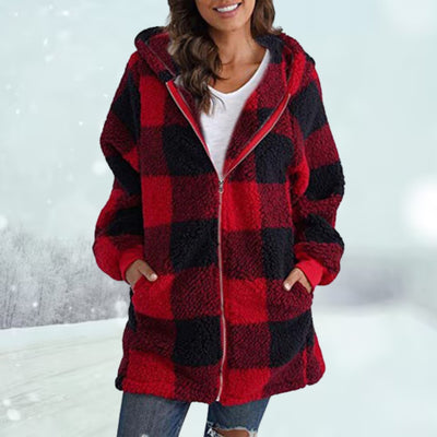 Winterjacke – karierte Fleecejacke mit Reißverschluss und Kapuze in mittlerer Länge für Damen