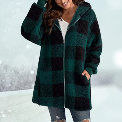 Winterjacke – karierte Fleecejacke mit Reißverschluss und Kapuze in mittlerer Länge für Damen