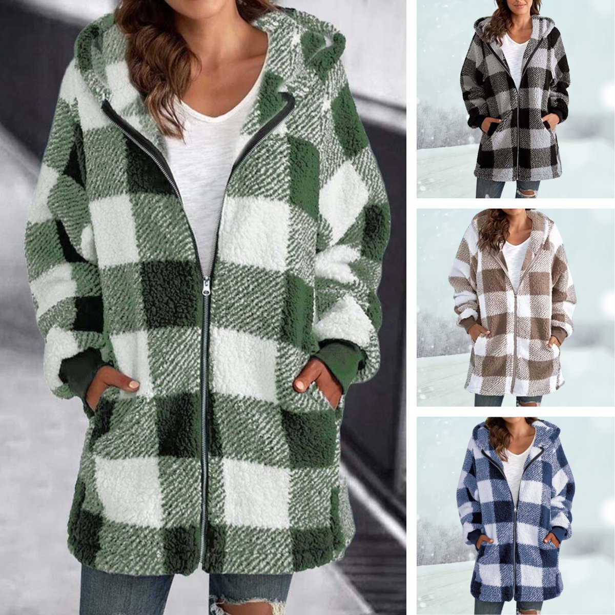 Winterjacke – karierte Fleecejacke mit Reißverschluss und Kapuze in mittlerer Länge für Damen