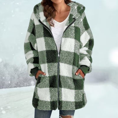 Winterjacke – karierte Fleecejacke mit Reißverschluss und Kapuze in mittlerer Länge für Damen