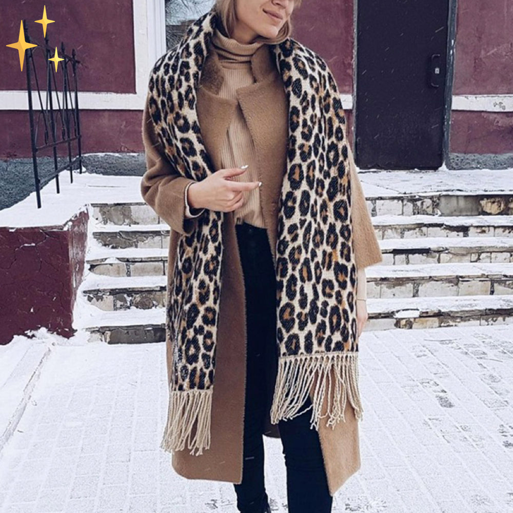 Winterschal – warmer, großer Wollschal mit Leopardenmuster für Damen