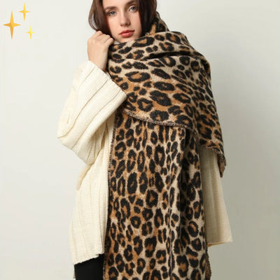 Winterschal – warmer, großer Wollschal mit Leopardenmuster für Damen