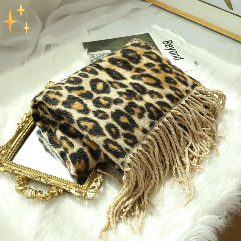 Winterschal – warmer, großer Wollschal mit Leopardenmuster für Damen