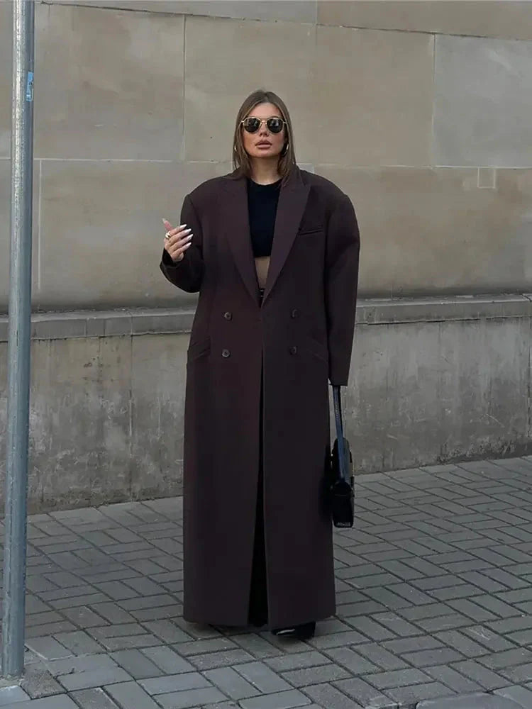 Woll-Trenchcoat | Zweireiher | Lang | Übergroßer Mantel | Damenjacken