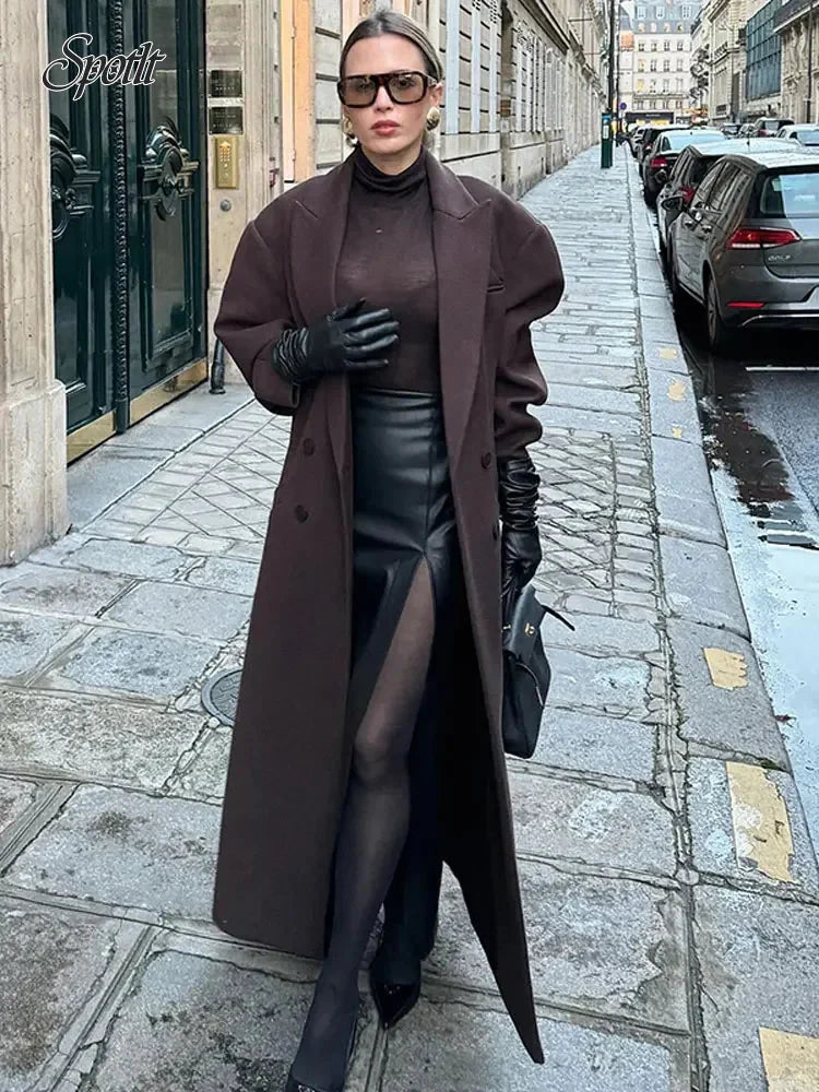 Woll-Trenchcoat | Zweireiher | Lang | Übergroßer Mantel | Damenjacken