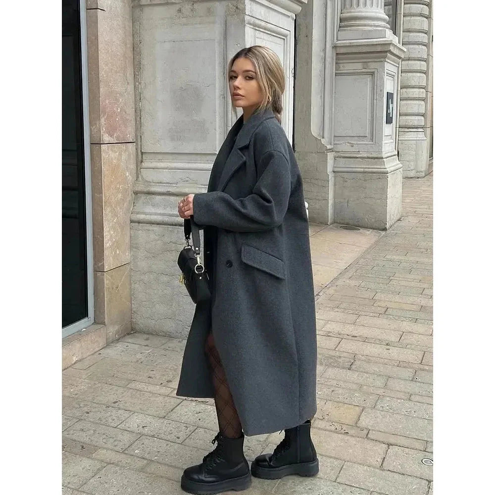 Woll-Trenchcoat – Zweireiher – Oversize – langer Wollmantel – Wintermäntel und -jacken für Damen