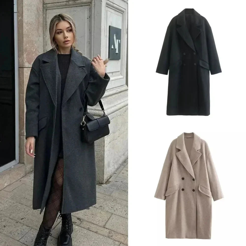 Woll-Trenchcoat – Zweireiher – Oversize – langer Wollmantel – Wintermäntel und -jacken für Damen