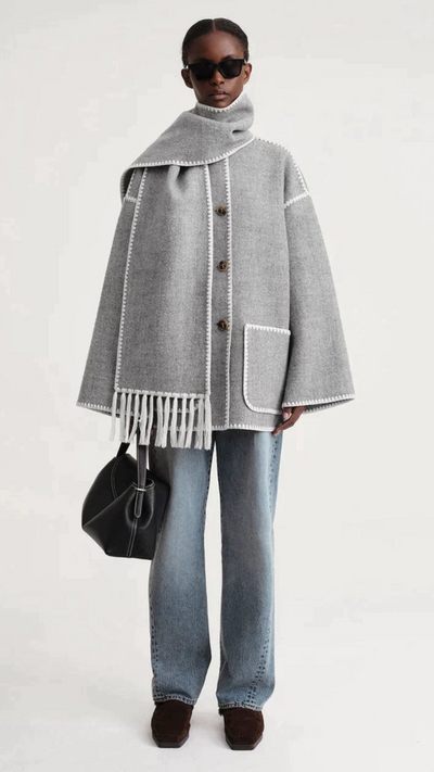 Wolljacke | Einreiher | Winter | Jacke mit Schal | Wollmantel für Damen