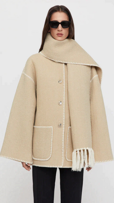 Wolljacke | Einreiher | Winter | Jacke mit Schal | Wollmantel für Damen
