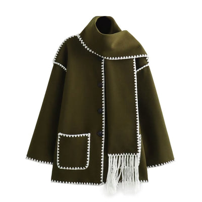 Wolljacke | Einreiher | Winter | Jacke mit Schal | Wollmantel für Damen