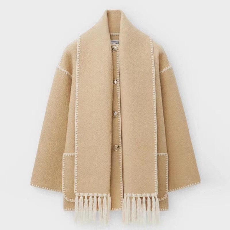 Wolljacke | Einreiher | Winter | Jacke mit Schal | Wollmantel für Damen