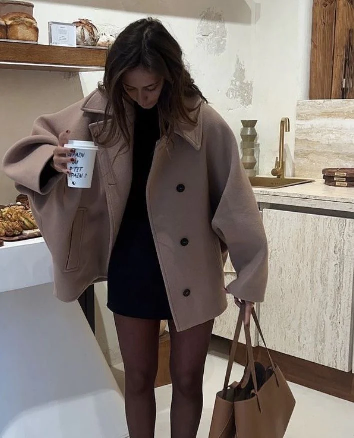 Wolljacke - Lockere Passform - Einreihig - Übergroße Jacke - Kurzer Wollmantel für Damen