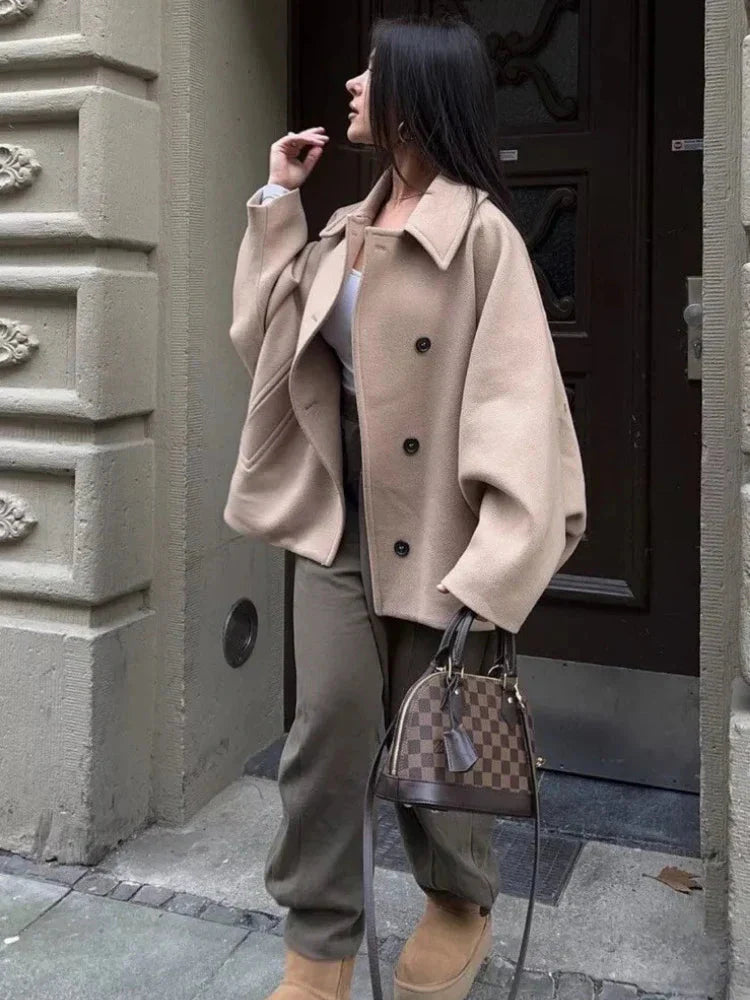 Wollmantel | Oversize | Einreiher | Kurze Wolljacke | Damenjacke