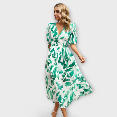 Maxikleid mit Ballonärmeln im abstrakten Design