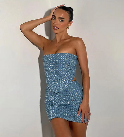 Zweiteiler | Trägerlos | Mini | Set aus Rock und Top | Set für Damen in Einheitlicher Farbe