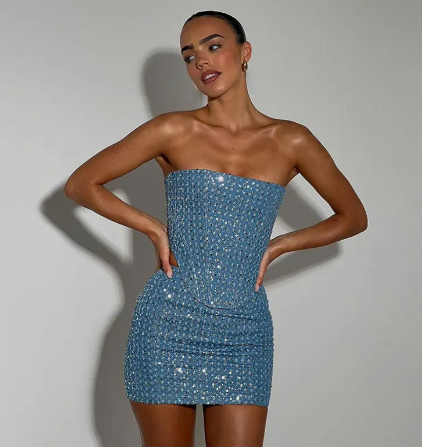 Zweiteiler | Trägerlos | Mini | Set aus Rock und Top | Set für Damen in Einheitlicher Farbe