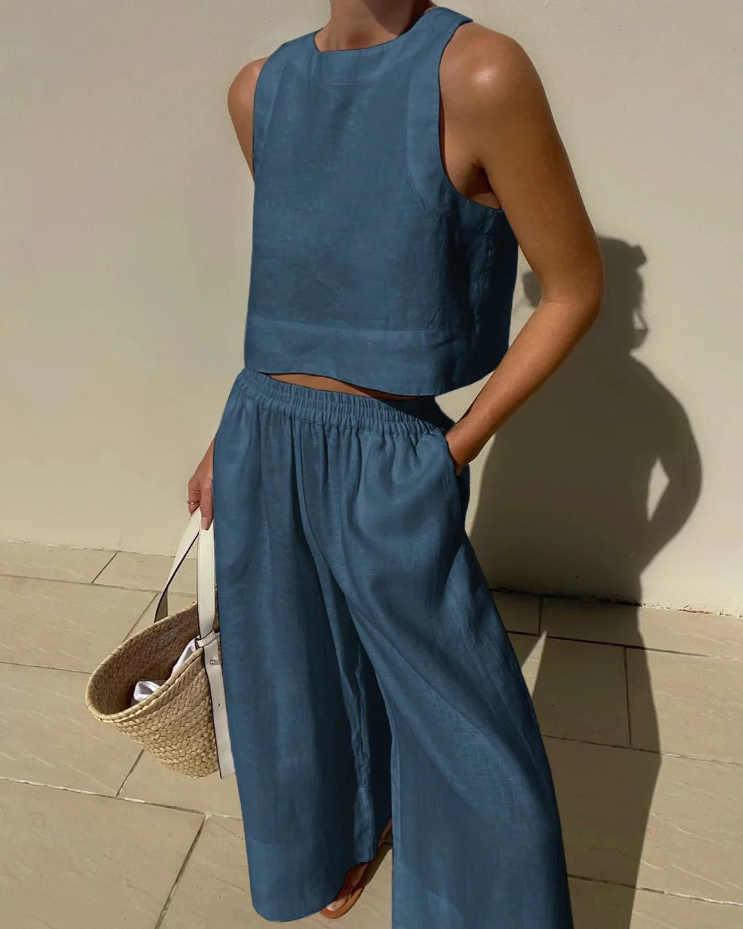 Zweiteiliges Set - Passendes Crop-Top und weite Hose für Frauen für den Sommer