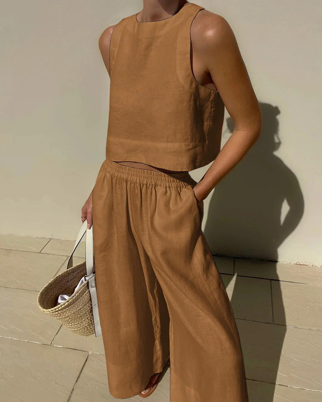 Zweiteiliges Set - Passendes Crop-Top und weite Hose für Frauen für den Sommer