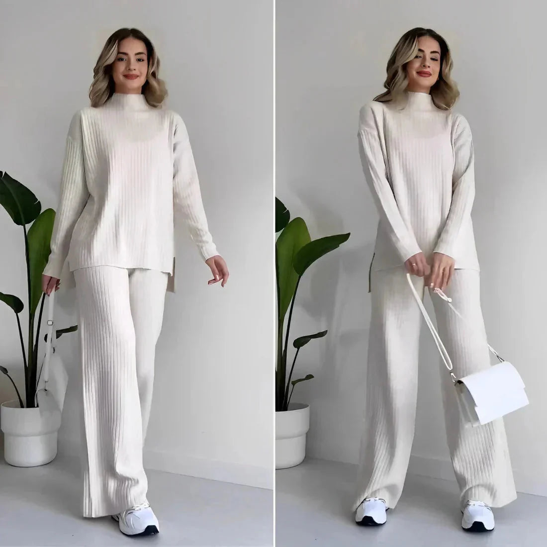 Zweiteiliges Strick-Set | Lockere Passform | Rollkragenpullover | Gestricktes Set | Loungewear für Damen