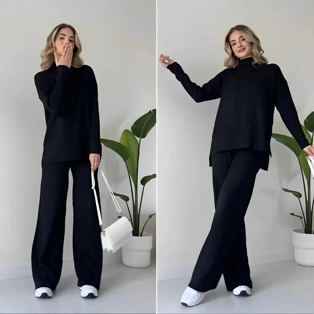 Zweiteiliges Strick-Set | Lockere Passform | Rollkragenpullover | Gestricktes Set | Loungewear für Damen