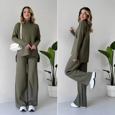 Zweiteiliges Strick-Set | Lockere Passform | Rollkragenpullover | Gestricktes Set | Loungewear für Damen