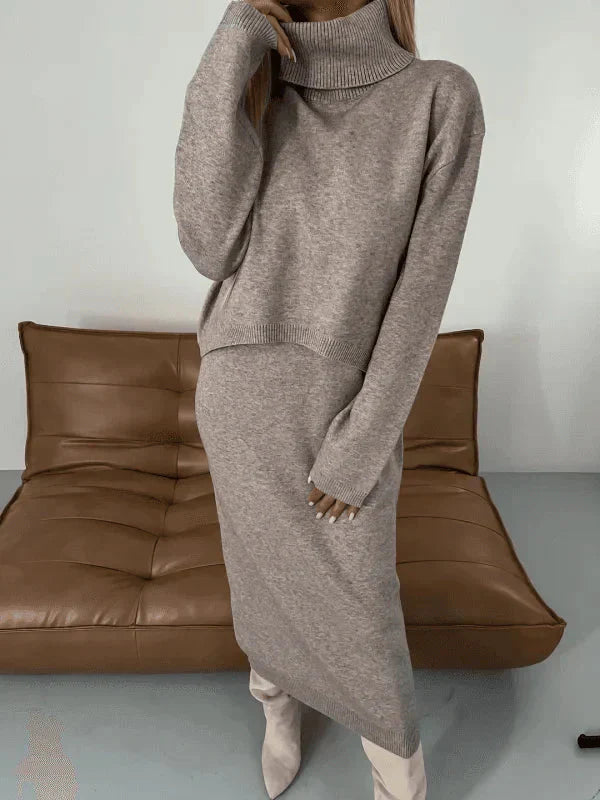 Zweiteiliges Strick-Set – Rollkragenpullover – Langarm – Strick-Set aus Rock und Top – Damenbekleidung