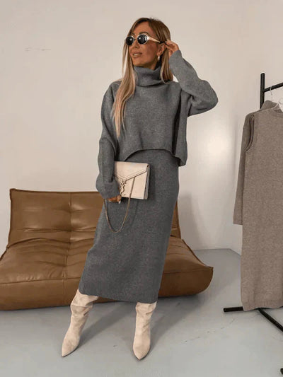 Zweiteiliges Strick-Set – Rollkragenpullover – Langarm – Strick-Set aus Rock und Top – Damenbekleidung