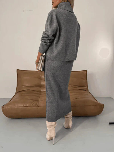 Zweiteiliges Strick-Set – Rollkragenpullover – Langarm – Strick-Set aus Rock und Top – Damenbekleidung