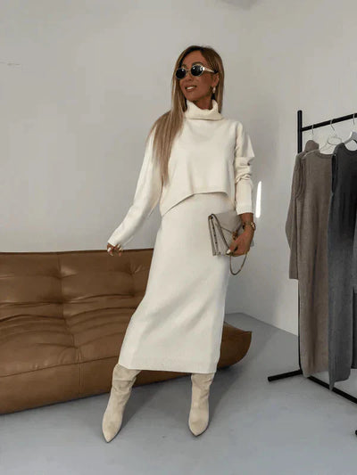 Zweiteiliges Strick-Set – Rollkragenpullover – Langarm – Strick-Set aus Rock und Top – Damenbekleidung
