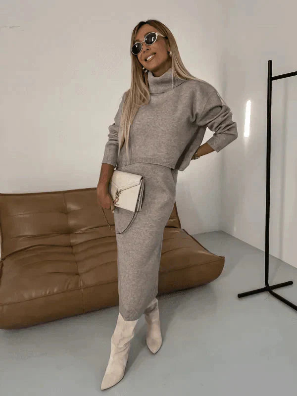 Zweiteiliges Strick-Set – Rollkragenpullover – Langarm – Strick-Set aus Rock und Top – Damenbekleidung