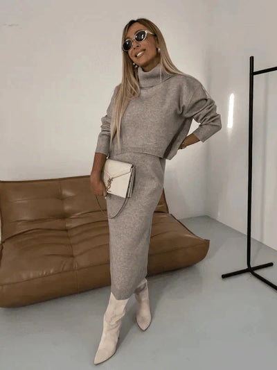 Zweiteiliges Strick-Set – Rollkragenpullover – Langarm – Strick-Set aus Rock und Top – Damenbekleidung