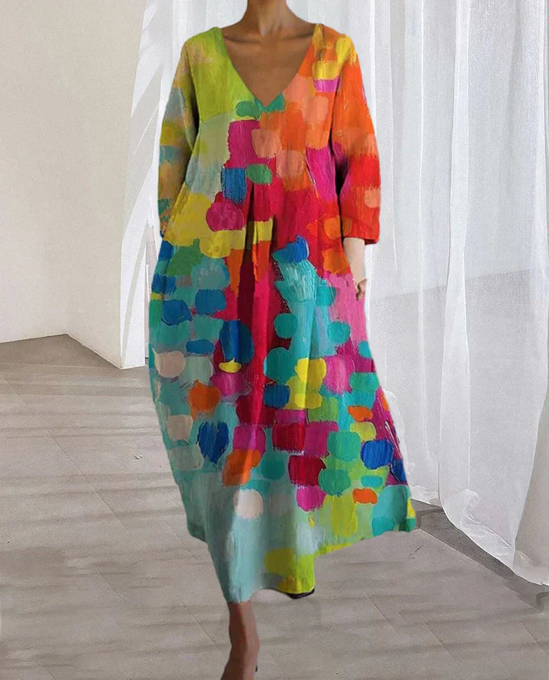 Anastasia - bunt bedrucktes Kleid mit V-Ausschnitt